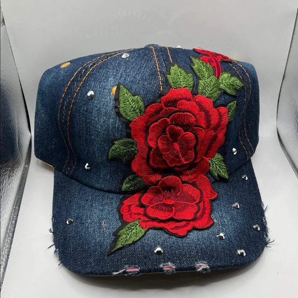 721. Denim Cap with Red Floral Detail